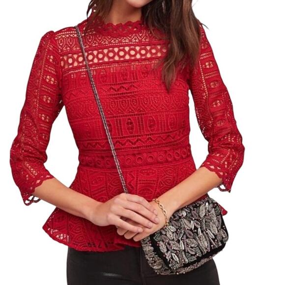 Moulinette Soeurs Anthropologie Tamera Red Lace Blouse Size 10 - Picture 14 of 14